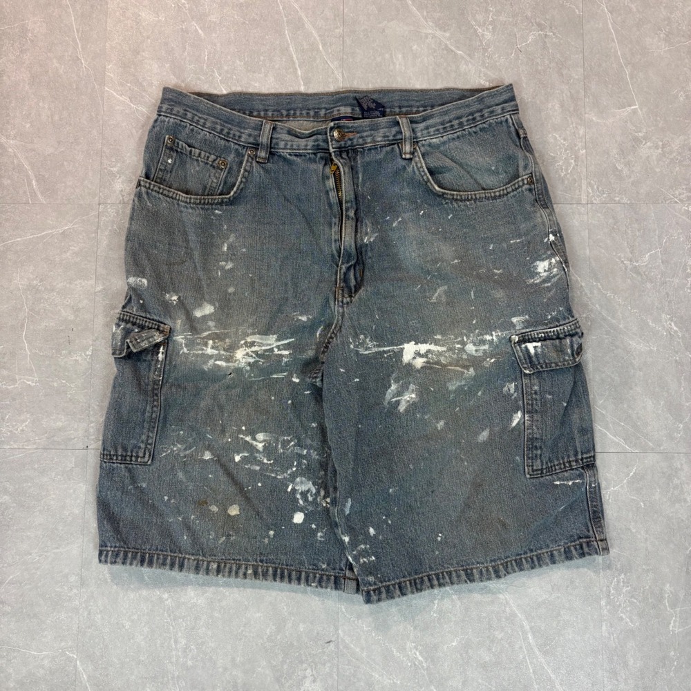 Vintage Bugle Boy Mens Blue Denim Paint Splatter Cargo Shorts Size 38 90s Y2K